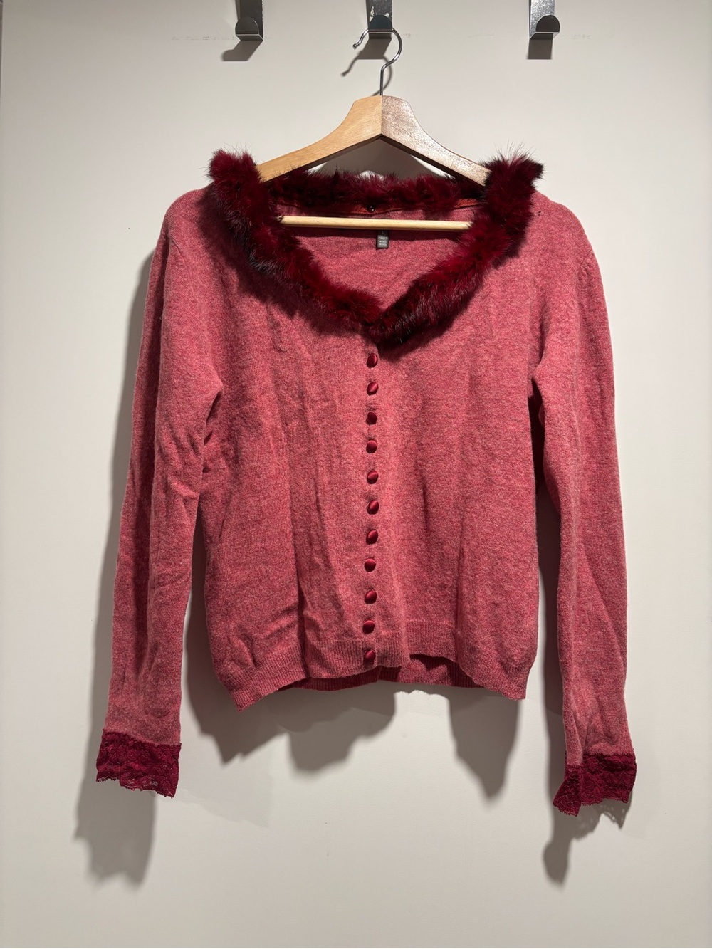 Women's Red Faux-Fur Trim Cardigan Sweater